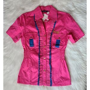 COOGI|Pink Ruffled Snap Button Short Sleeve Top, MEDIUM